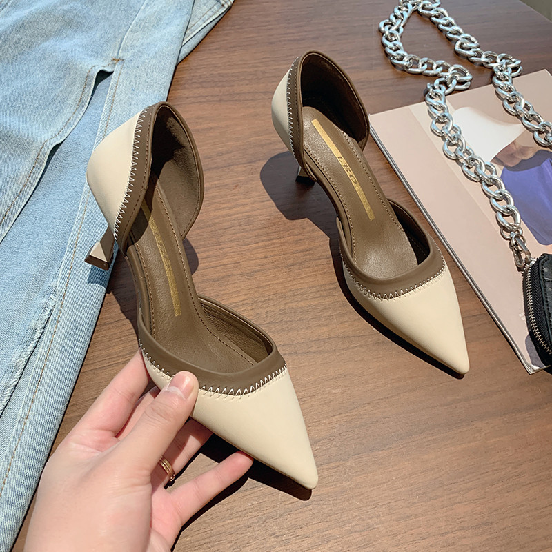 单鞋女春秋尖头细跟防滑法式气质斩男高级感拼色工作职业单鞋女款,女鞋,浅口单鞋,淘宝优惠券,粉丝福利购,淘宝优惠卷