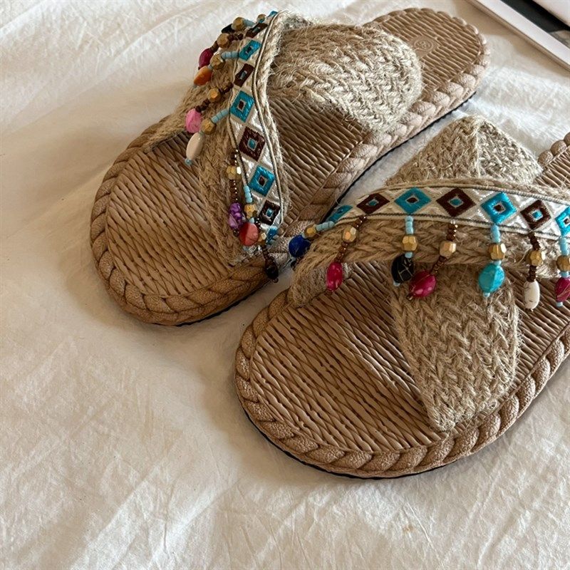 林先叁 手工编织民族风拖鞋女外穿2024新款小众设计感流苏凉拖鞋,女鞋,一字拖,淘宝优惠券,粉丝福利购,淘宝优惠卷