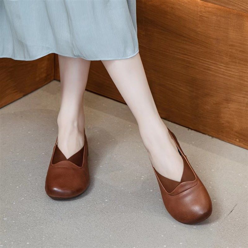 真皮单鞋女2024新款一脚蹬女鞋方头工作鞋春款休闲皮鞋软底妈妈鞋,女鞋,浅口单鞋,淘宝优惠券,粉丝福利购,淘宝优惠卷