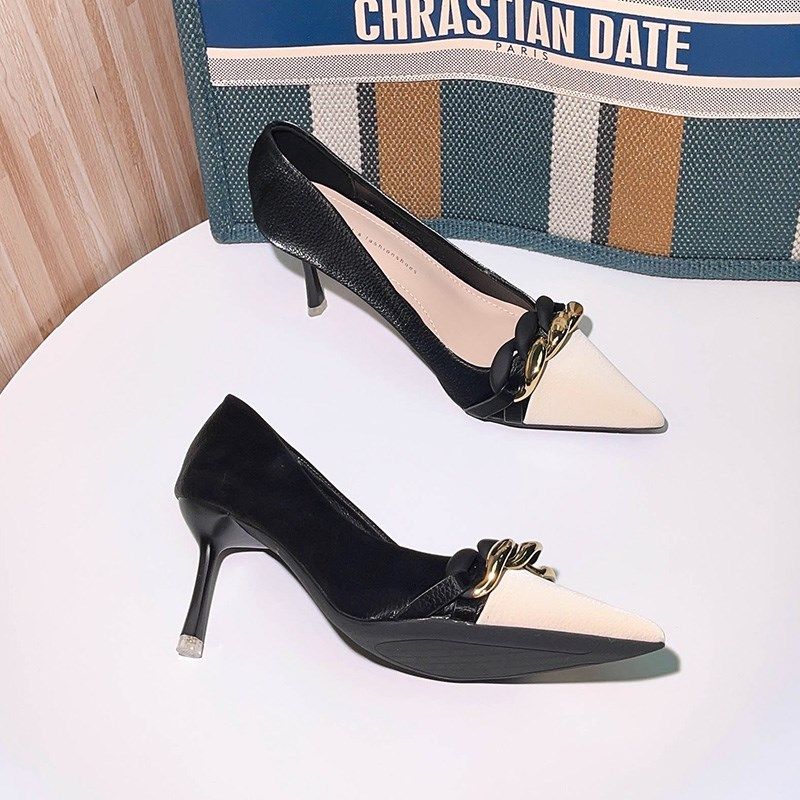 法式气质小众拼色职业软皮工作高跟鞋女2025年新款冬黑色尖头细跟,女鞋,浅口单鞋,淘宝优惠券,粉丝福利购,淘宝优惠卷