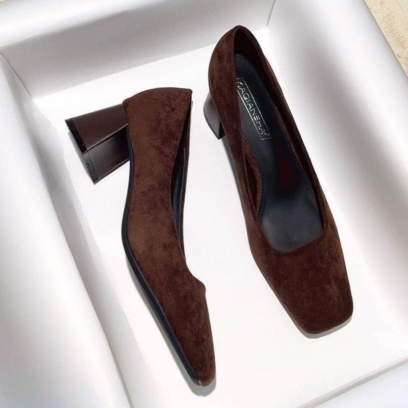 气质咖啡色浅口高跟鞋女2025夏季新款方头粗跟通勤一脚蹬百搭单鞋,女鞋,浅口单鞋,淘宝优惠券,粉丝福利购,淘宝优惠卷