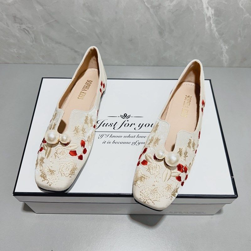 国风新中式方头平底单鞋配马面裙复古刺绣软底旗袍鞋珍珠豆豆瓢鞋,女鞋,浅口单鞋,淘宝优惠券,粉丝福利购,淘宝优惠卷