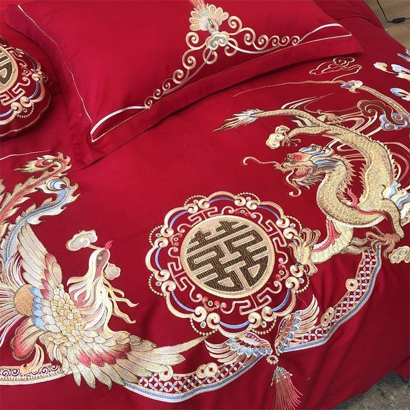 GZ6M中式龙凤刺绣婚庆四件套纯棉大红色被套床单全棉结婚床上用品