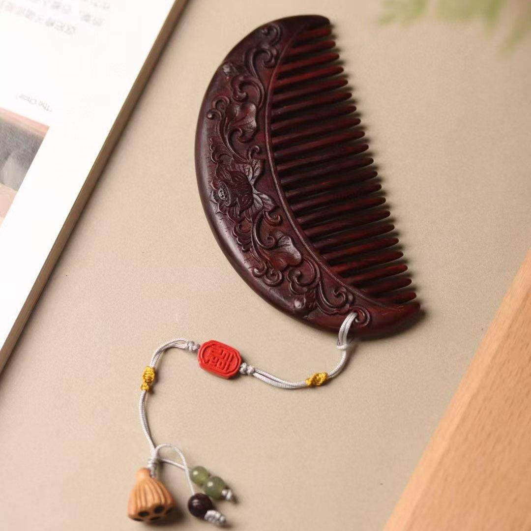 印度小叶紫檀雕刻荷花梅花梳子休闲古风创意木质文玩梳子