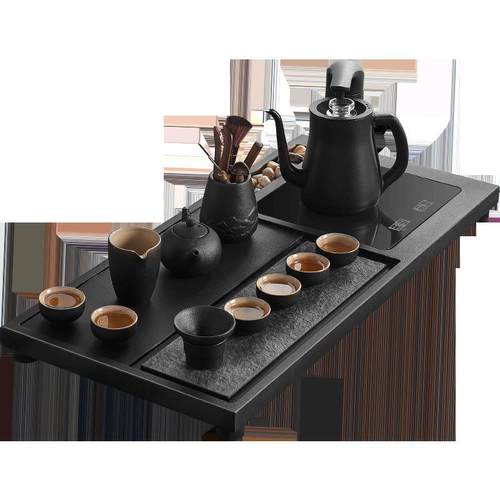 天乌夫金石茶盘家用简约整块全自然茶动烧水壶一体功乌金石茶具套