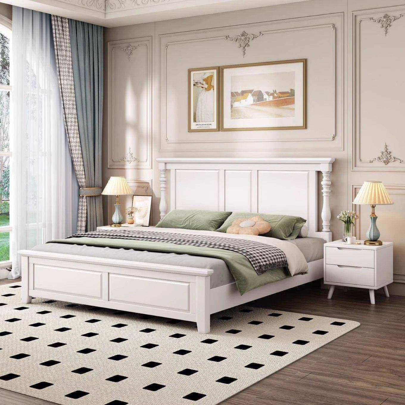 乡村美式实木双床现代具简约1.USM8主卧压人婚床卧室成套家1.5气