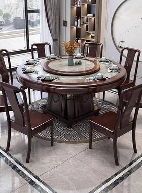 新中式岩板圆餐桌圆椅家用旋木转实1.8米ZES饭酒店带转盘2桌米大