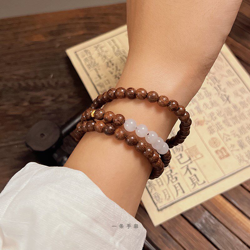 一条手串 金丝檀木佛珠手链新疆白玉转运发晶多圈檀香木男女饰品