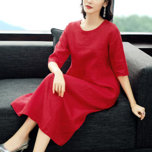 文艺旅行亚麻红色连衣裙女2021春夏装 宽松显瘦裙子棉麻中长裙 新款