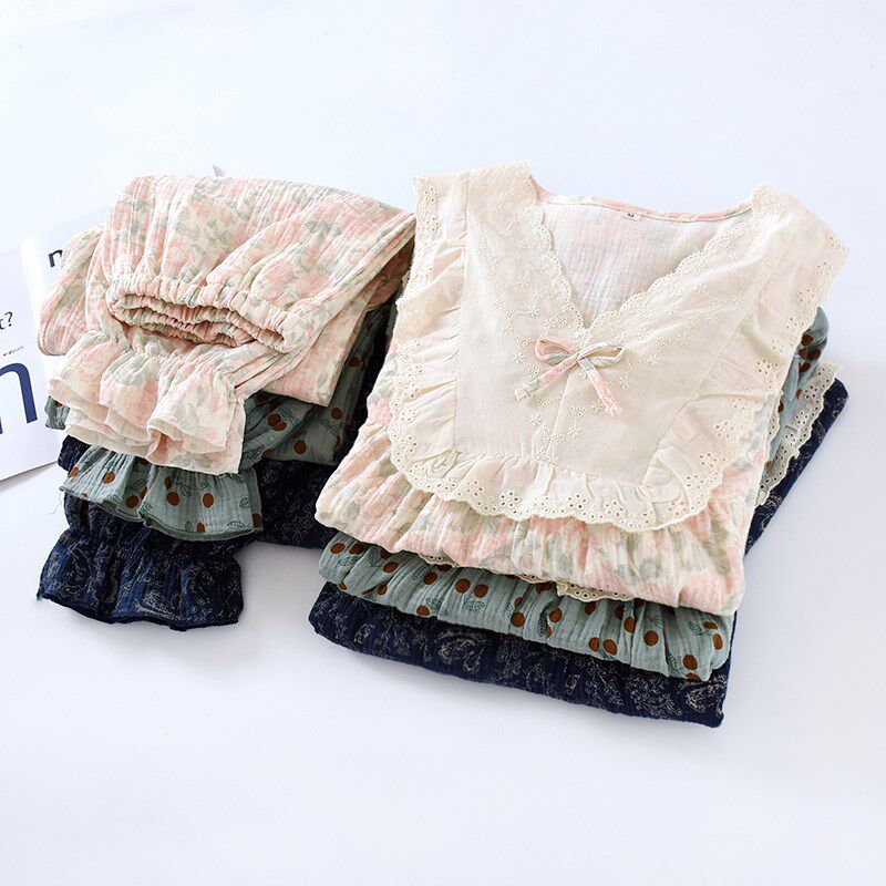 纯棉蕾丝花边睡衣女薄款甜美春秋夏季双层纱布套头长袖家居服套装