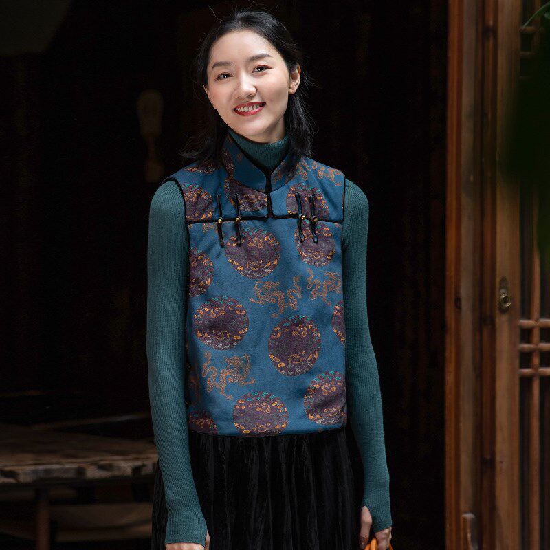 菲伊唐真丝香云纱莨绸百搭立领女复古中式宽松盘扣小马夹棉上衣女