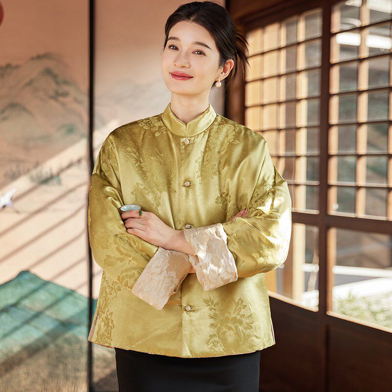 菲伊唐中式复古宽松真丝交织提花外套两面穿夹棉唐装冬外搭女上衣