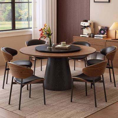 实木餐桌岩板655#圆家用小户型餐厅圆形饭蜡桌带桌盘白木餐桌椅转