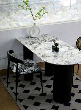 法式古风板餐桌家椭圆形简约用小户型大理QOS石饭岩桌天然洞石高