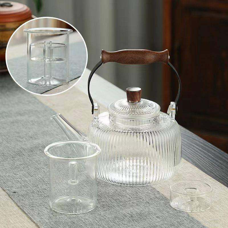 厂家定制高空硼硅胡桃木手柄梁黑玻璃壶提把手星煮茶WPE壶提梁壶