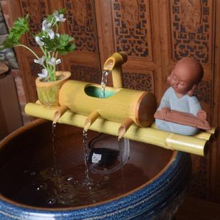 筒流水鱼缸摆竹件竹子过滤器KUZ氧陶瓷石槽鱼池循环制假水山流竹