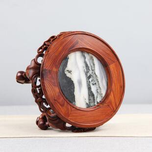 红棠木圆底座实红檀F75565J5海几镶形大理石摆件木花盆花瓶底座黑