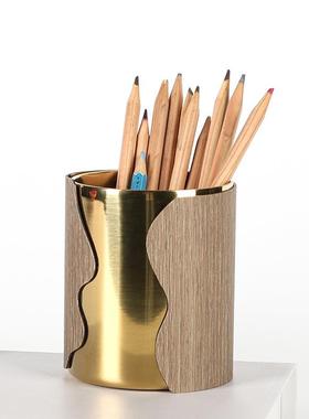 轻奢收纳筒托盘套装艺术木房纹装EQM饰品笔样板间书卧仿室办公室