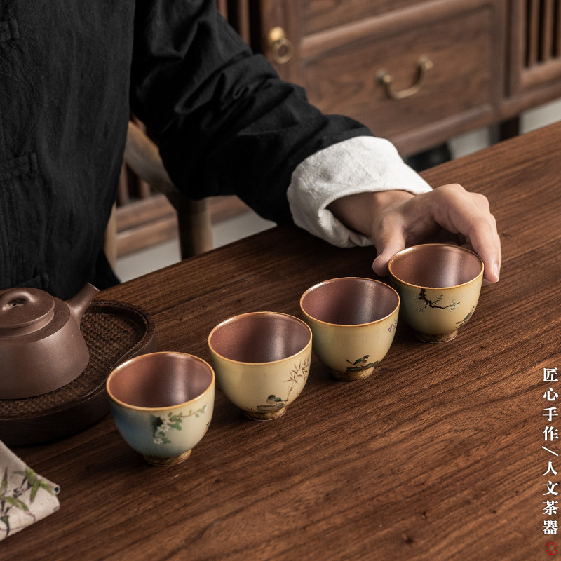 圣山仿古窑变花鸟茶杯陶瓷主人杯品茗杯景德镇功夫茶具茶杯单杯