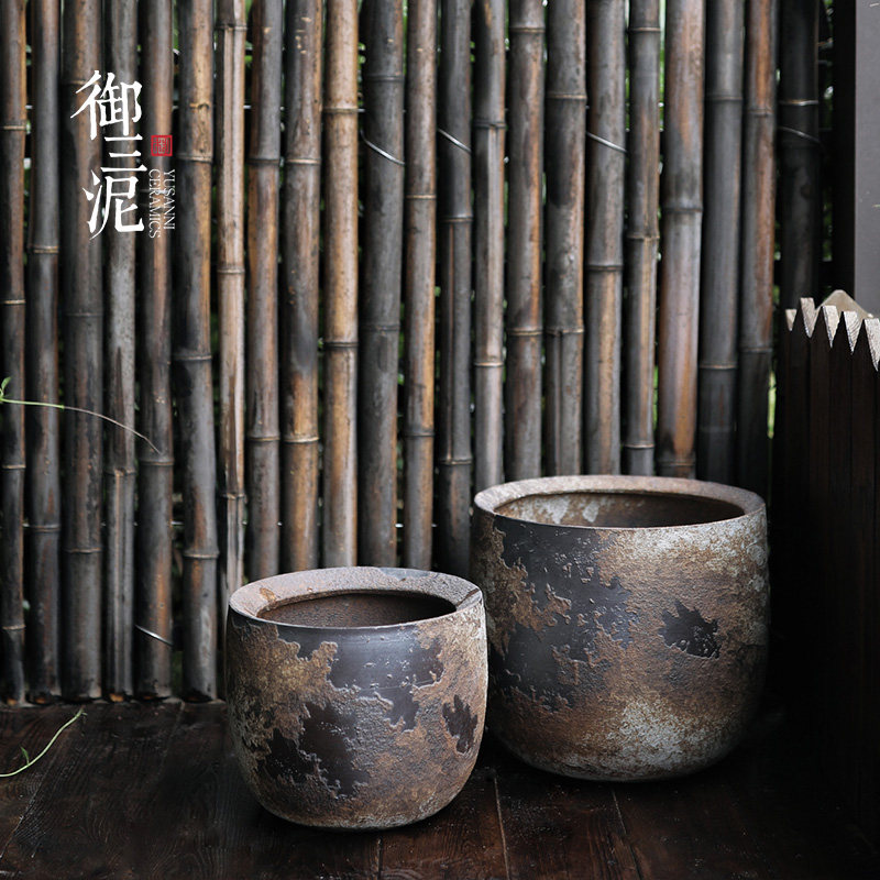 景德镇侘寂风土陶盆落地大花盆客厅民宿别墅大口径户外庭院摆件