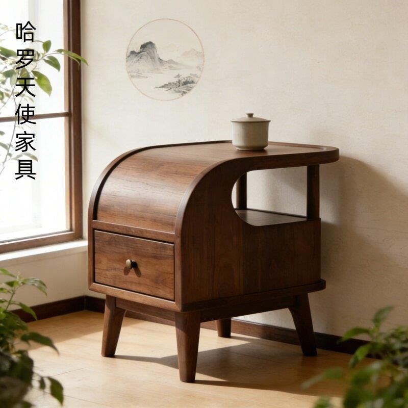 新中式北美黑胡桃木角几实木沙发边几床头储物柜复古风客厅简约