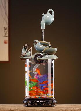 创意悬壶流水生财摆件生态鱼缸玻璃水族箱客厅办公室桌面招财装饰