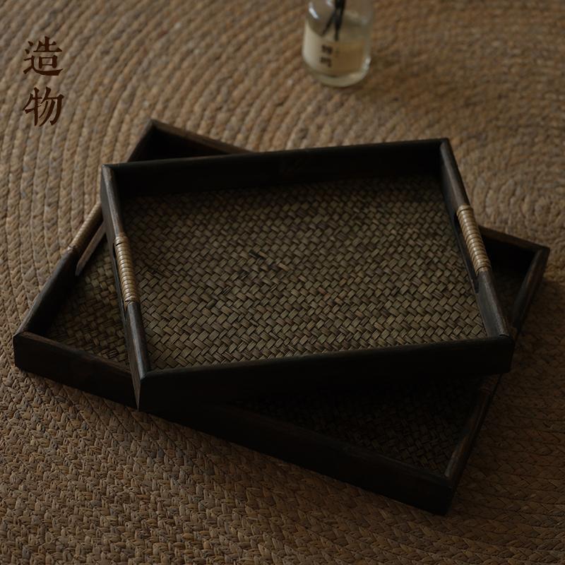 中式茶点托盘古风玄关茶几佛手柑高级感家用高颜值木质藤编收纳盘