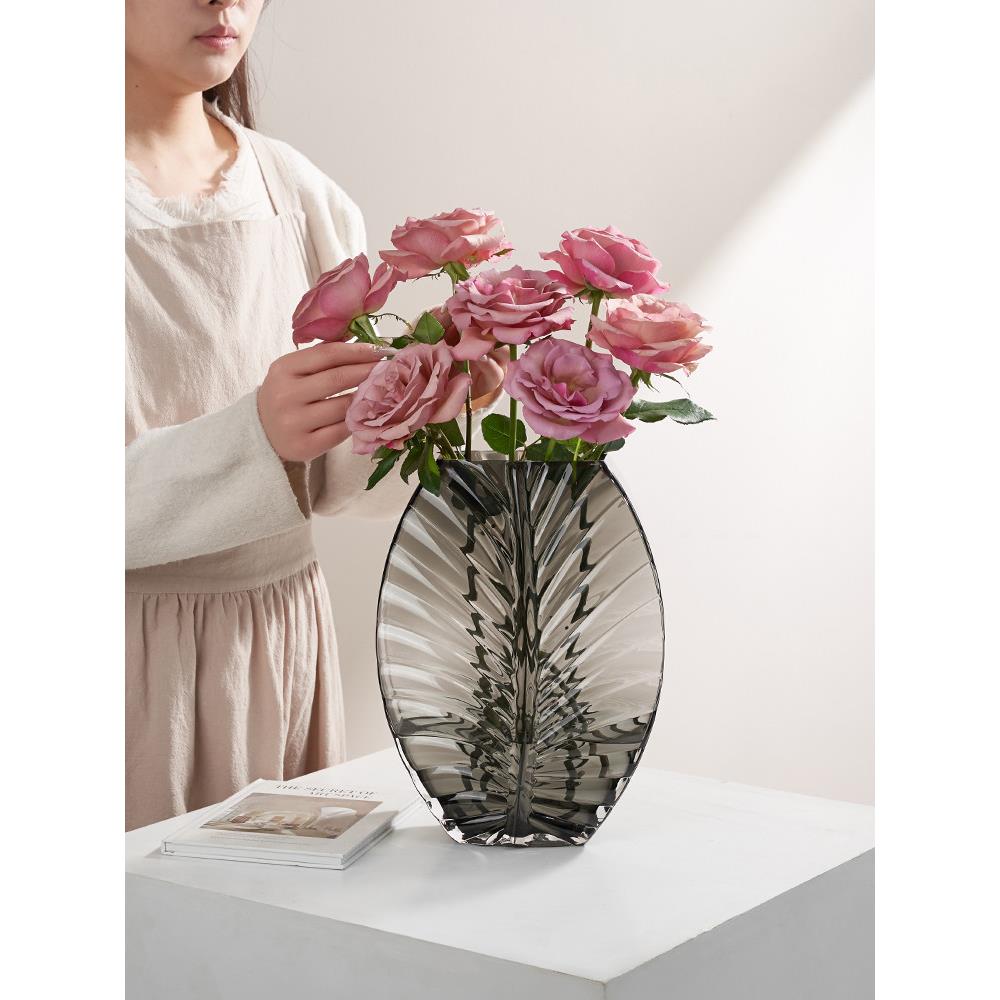 轻奢原色玻璃花瓶摆件样板间软装饰品客厅水养玫瑰花插花器高级感
