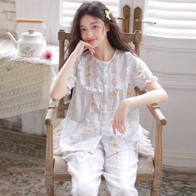 夏季女士睡衣纯棉布料100全棉甜美花边短袖长裤棉纱薄款家居服