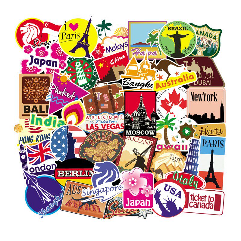 100张装旅行旅游国际名胜建筑滑板吉他拉杆箱防水汽车涂鸦贴画纸