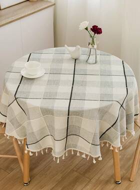 日艺式仿棉麻色织格桌布文圆桌茶64465几桌布艺长方形台布圆子餐