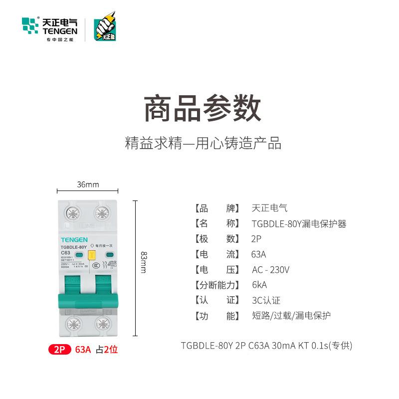 TEN天GEN正电气T关GBDLE-80Y漏电入退出HWY断路器2P63A投开保护器
