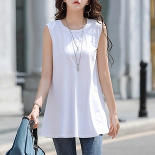 丝光棉无袖t恤女2024年夏季宽松纯棉中长款洋气背心外穿百搭上衣