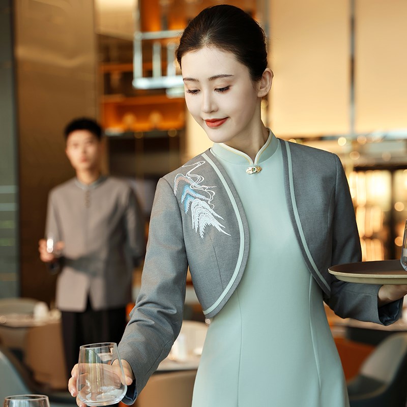 衣研堂酒店宴会服务员工作服饭店餐饮餐厅美容院秋冬装旗袍长袖女