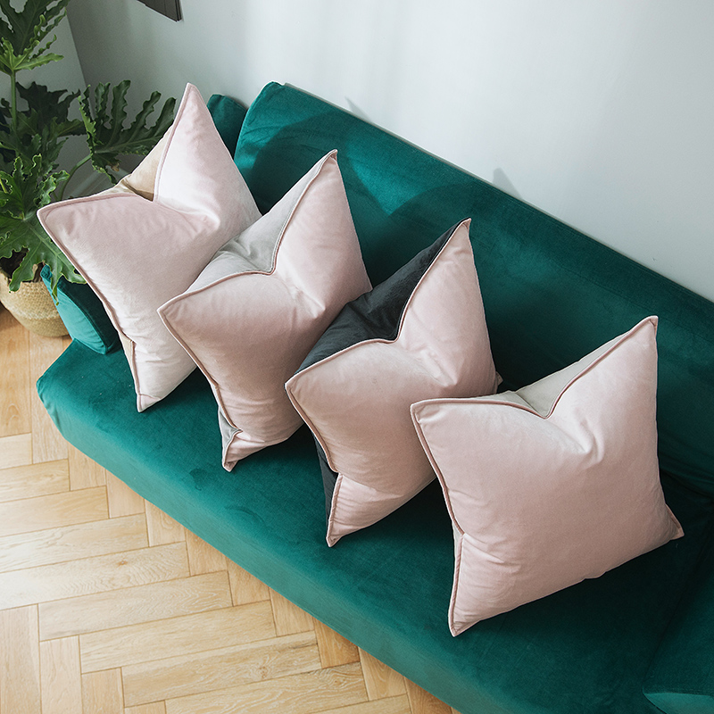 北欧风格樱花粉拼接灰沙发靠垫少女风床上粉色抱枕办公室腰靠