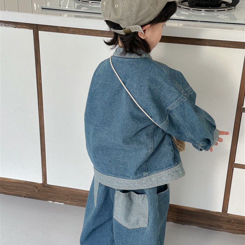 暮晨家新款春装2024男童牛仔长袖衬衫外套中小童直筒裤两件套装