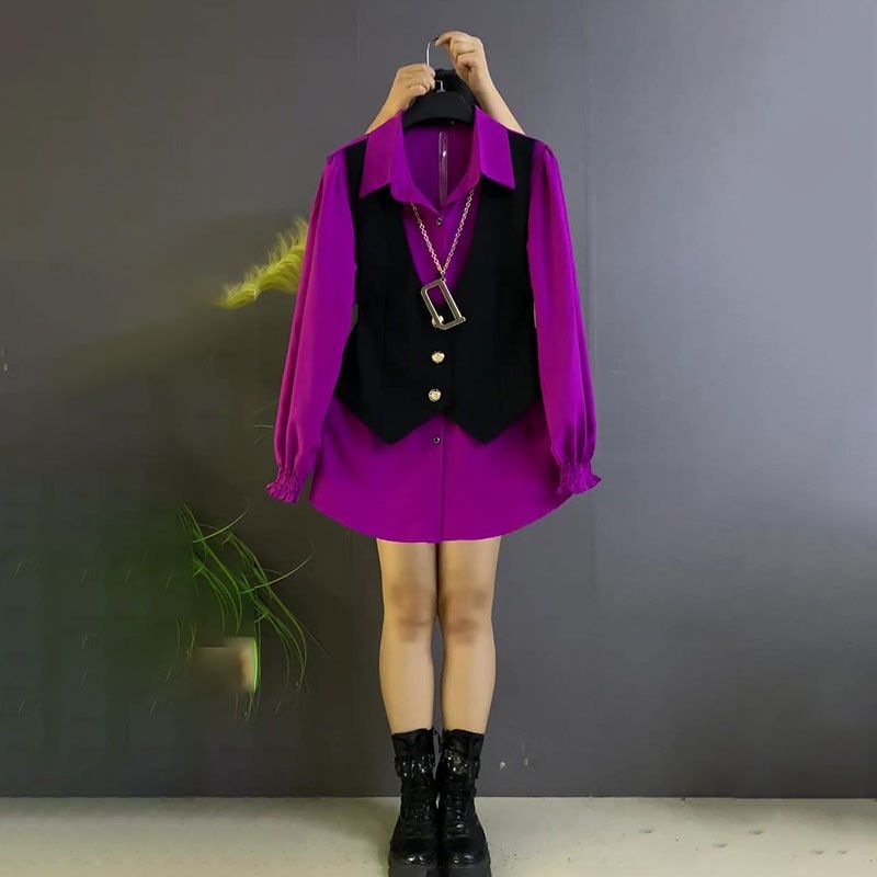 假两件马夹衬衫大码女装早秋新款胖mm长袖小衫宽松洋气显瘦上衣