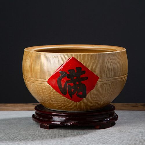 黄色陶土景德镇陶瓷聚宝盆客厅玄关装饰品仿木纹招财聚财乔迁摆件