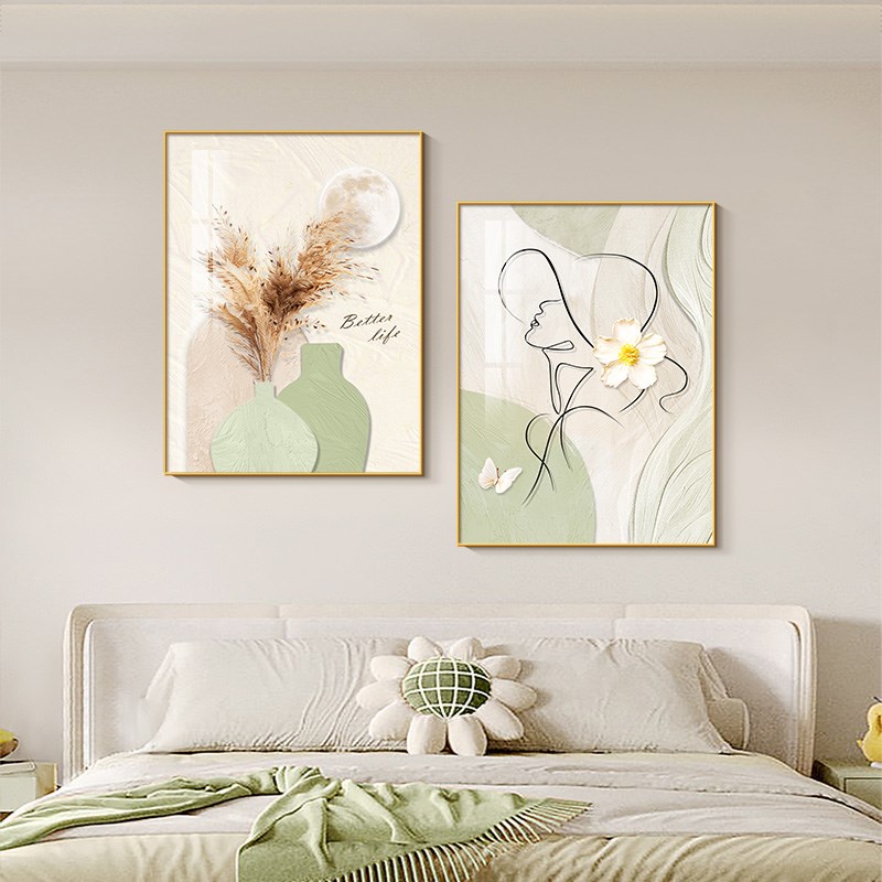 卧室床头装饰画艺术人物沙发背景墙挂画奶油风高级感主卧房间壁画