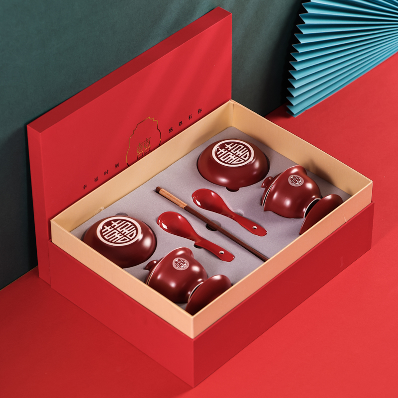 酒红结婚喜碗敬茶杯套装红碗筷婚礼敬酒杯改口套装送礼陪嫁礼盒