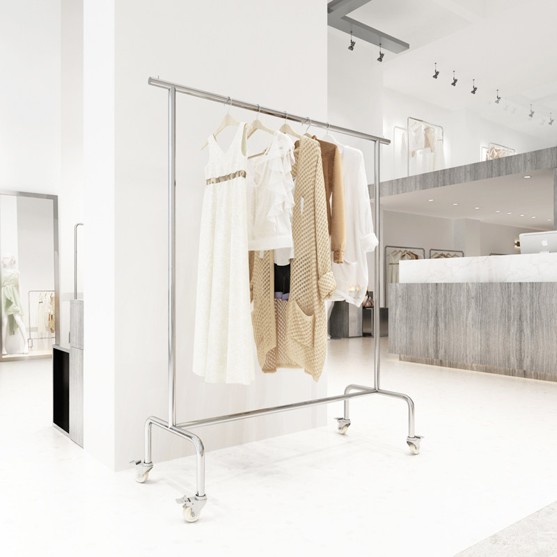 服装店展示架不锈钢拉丝带轮子落地式挂衣架银色女装店货架陈列架