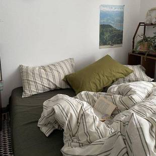 中古风条纹四件套简约混搭全棉水洗棉复古宿舍3件套纯棉床单床笠