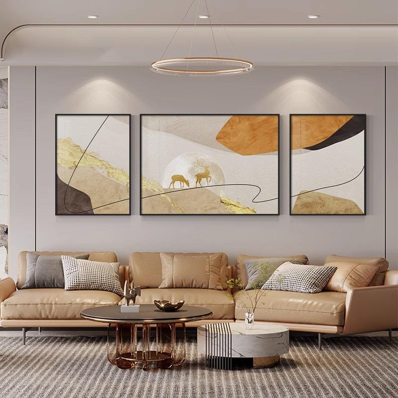 现代简约装饰客床厅抽象沙发背墙三联挂画WER-4028画有景鹿生财头