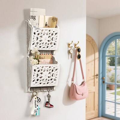 壁挂墙式木花钥匙纹邮30002制件收纳架墙壁两层邮件收纳盒家居面