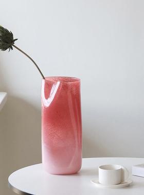 大水秀家居橘粉色渐变直筒柱圆玻璃花瓶件JAT高级家居客厅培花摆