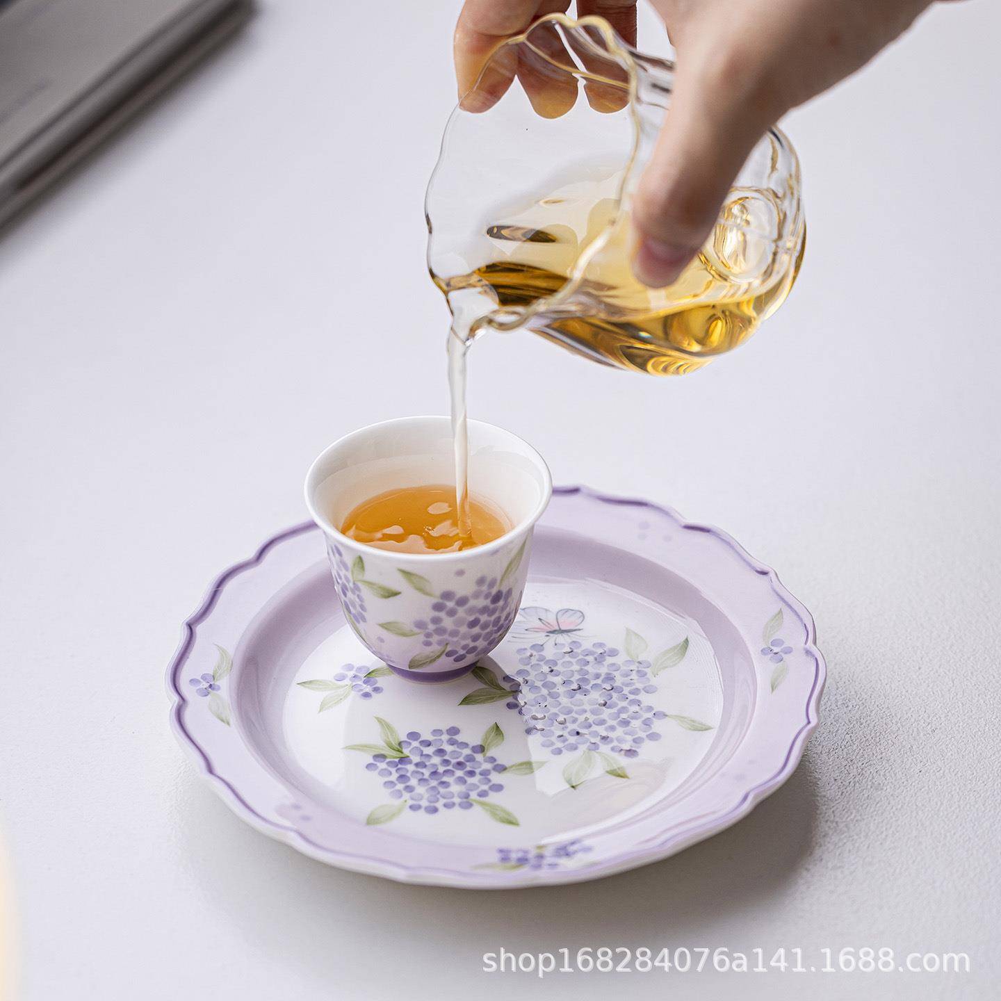 紫韵夕颜壶承手绘繁花壶承手工陶瓷干泡盘壶垫茶台茶点盘陶瓷托盘