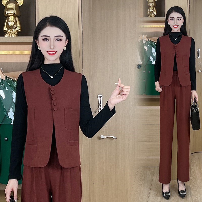 时尚西装马甲套装女2024秋季新款洋气显瘦长袖打底衫阔腿裤三件套