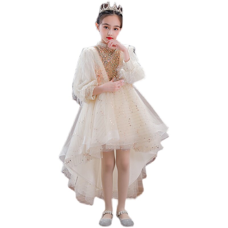 女童加绒礼服公主裙生日前短後长花童主持人儿童钢琴演出服秋冬季