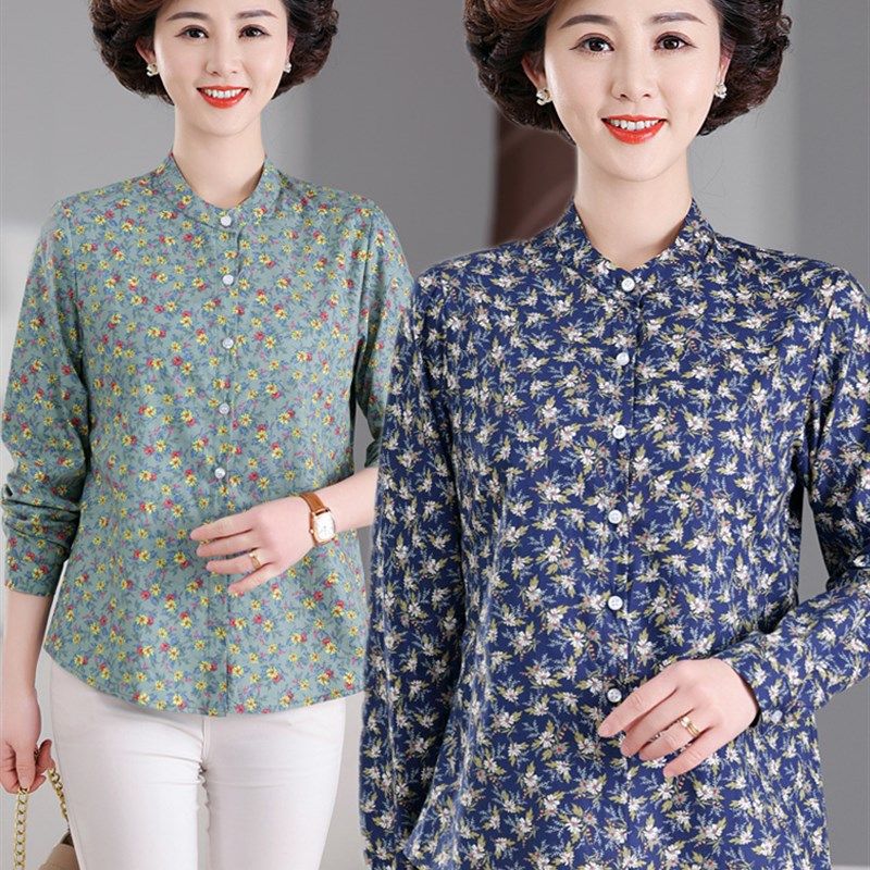 中老年女士长袖纯棉T恤妈妈春装碎花衬衣老年人女装婆婆春季衬衫