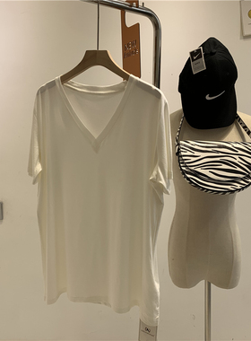 白色t恤女2020夏季净版基础百搭宽松复古酒红显白显瘦v领上衣薄